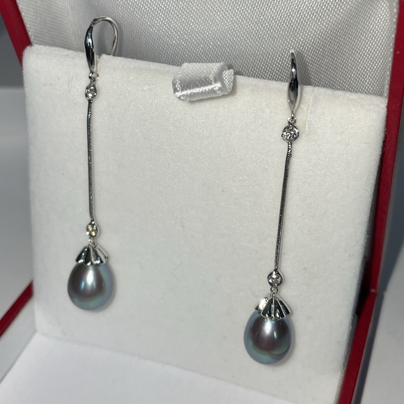 Solid Stamped 14K White Gold Tahitian Pearl Natural Diamond Bezel Drop Earrings - Picture 11 of 13